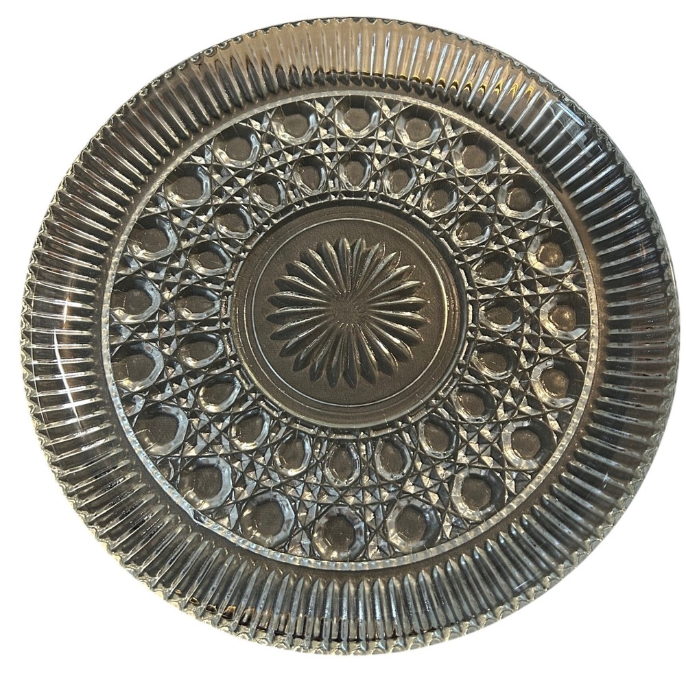 Vintage Clear Pressed Glass Round Serving Platter Starburst Diamond Pattern 11"